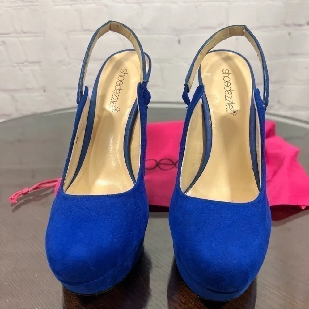 ShoeDazzle microsuede cobalt blue sling back platform pumps in size 6 EUC